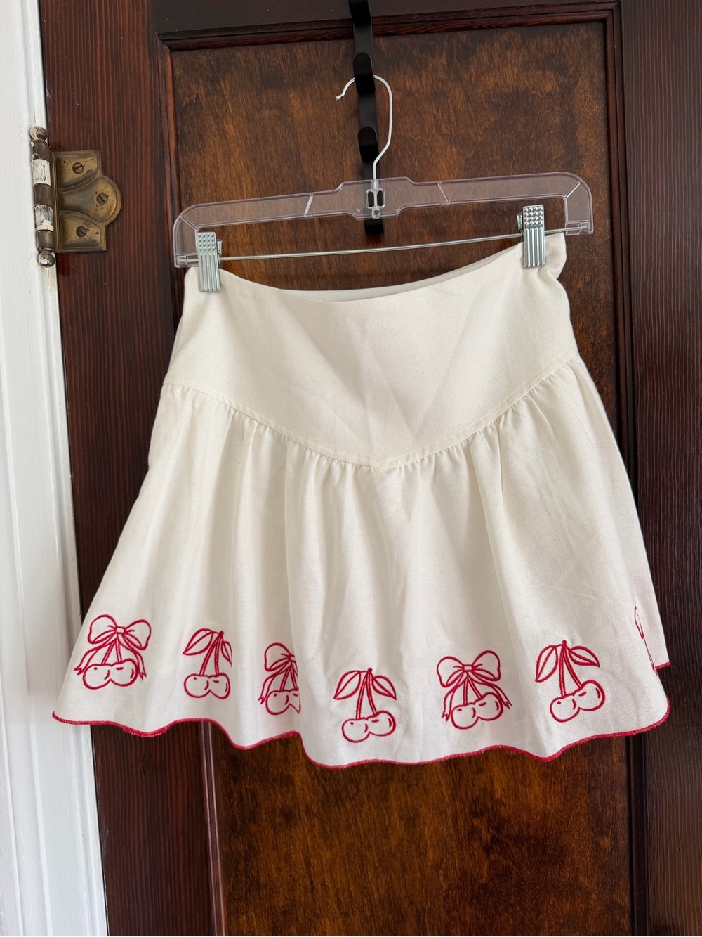 Cream Mini Skirt with Red Cherry Embroidery